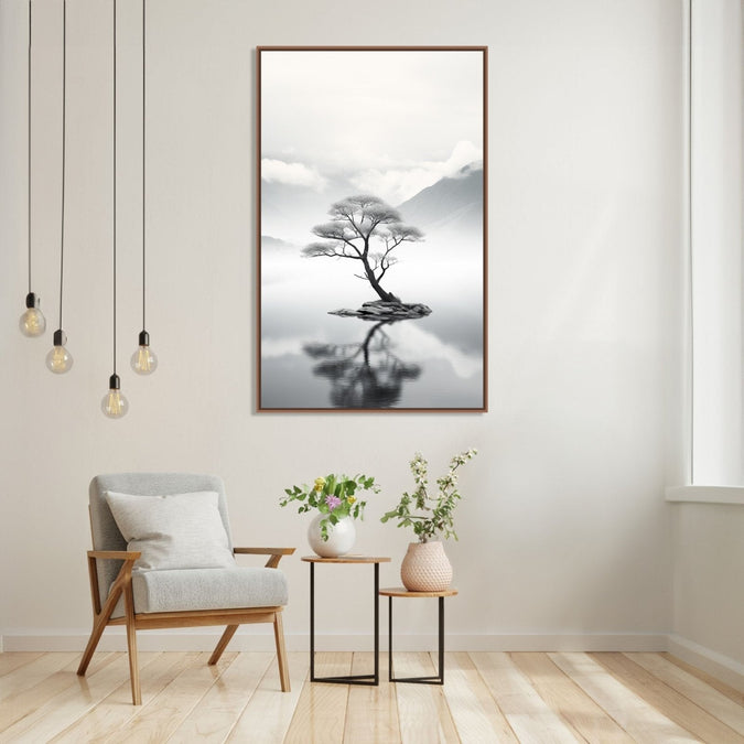 a realistic tree standing in middle of teh lake with mountains in background : Living room Paintings