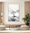 a realistic tree standing in middle of teh lake with mountains in background : Personal room Paintings