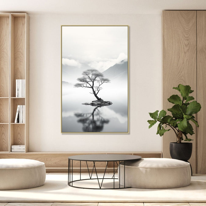 a realistic tree standing in middle of teh lake with mountains in background : Personal room Paintings