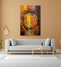 a rough black-colored spiral takes center stage against a backdrop of bold vertical strokes in black, yellow, and orange hues