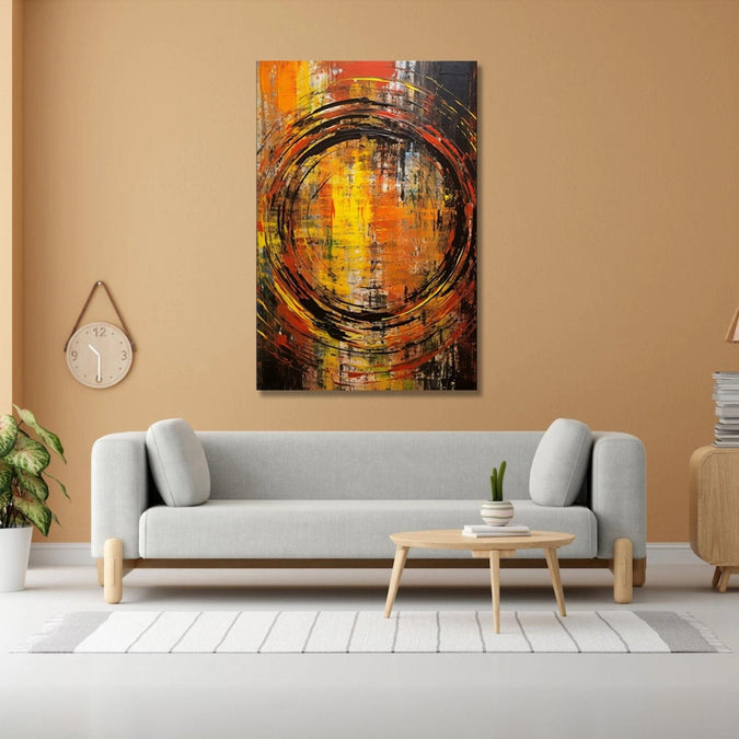 a rough black-colored spiral takes center stage against a backdrop of bold vertical strokes in black, yellow, and orange hues