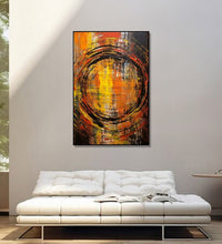 a rough black-colored spiral takes center stage against a backdrop of bold vertical strokes in black, yellow, and orange hues : Bed room Painting