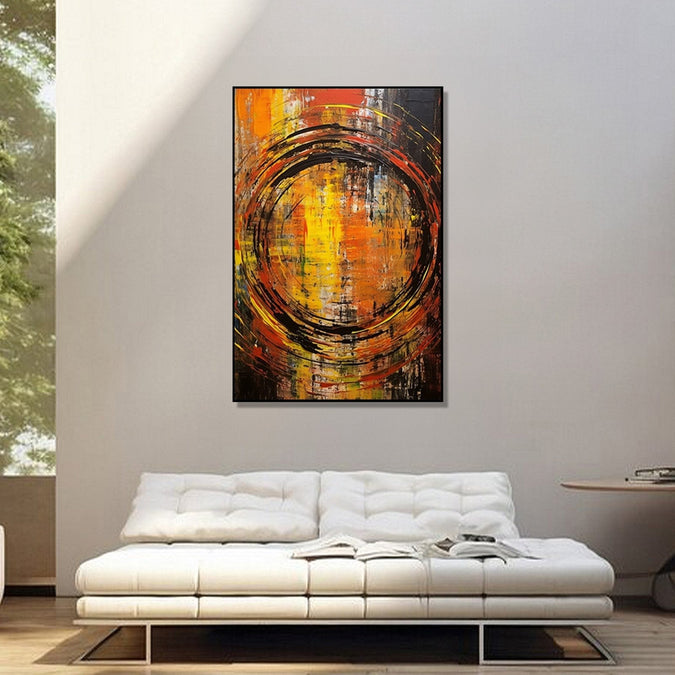 a rough black-colored spiral takes center stage against a backdrop of bold vertical strokes in black, yellow, and orange hues : Bed room Painting