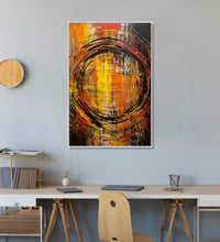 a rough black-colored spiral takes center stage against a backdrop of bold vertical strokes in black, yellow, and orange hues : Dining room Painting