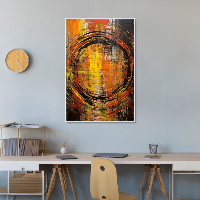 a rough black-colored spiral takes center stage against a backdrop of bold vertical strokes in black, yellow, and orange hues : Dining room Painting