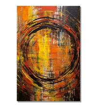 a rough black-colored spiral takes center stage against a backdrop of bold vertical strokes in black, yellow, and orange hues : Living room Painting