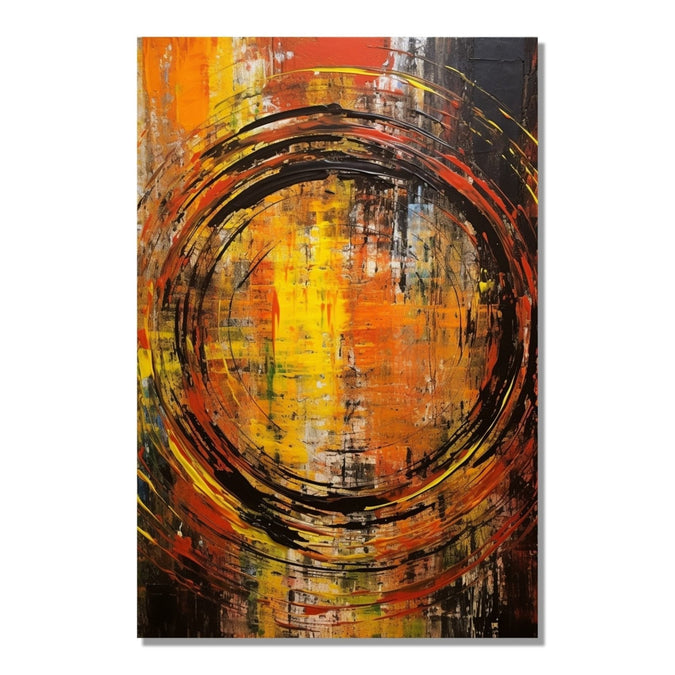 a rough black-colored spiral takes center stage against a backdrop of bold vertical strokes in black, yellow, and orange hues : Living room Painting