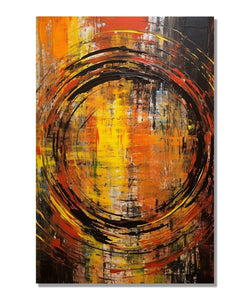 a rough black-colored spiral takes center stage against a backdrop of bold vertical strokes in black, yellow, and orange hues : Living room Painting