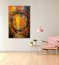 a rough black-colored spiral takes center stage against a backdrop of bold vertical strokes in black, yellow, and orange hues : Living room Paintings