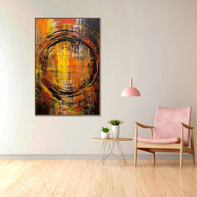 a rough black-colored spiral takes center stage against a backdrop of bold vertical strokes in black, yellow, and orange hues : Living room Paintings