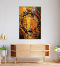 a rough black-colored spiral takes center stage against a backdrop of bold vertical strokes in black, yellow, and orange hues : Personal room Paintings