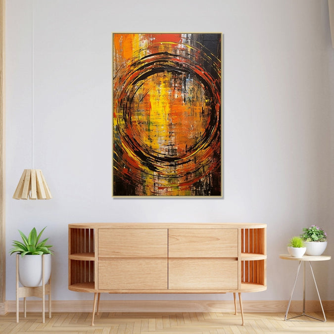 a rough black-colored spiral takes center stage against a backdrop of bold vertical strokes in black, yellow, and orange hues : Personal room Paintings