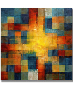 abstract painting of Yellow and blue shaded square grid with bright yellow centre 