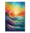 abstract painting of vibrant colourful of sunset and big wave in front 