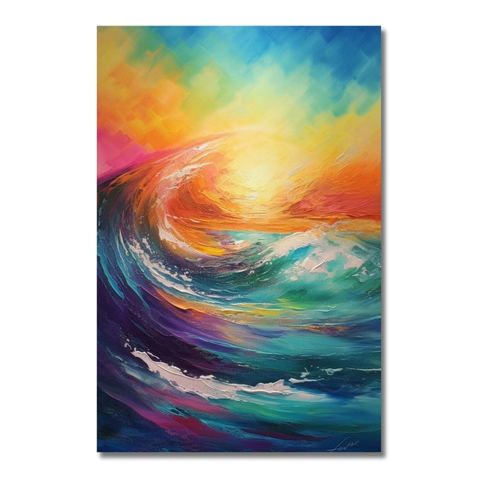 abstract painting of vibrant colourful of sunset and big wave in front 