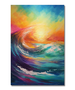 abstract painting of vibrant colourful of sunset and big wave in front 