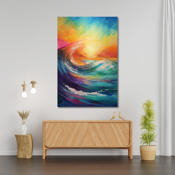 abstract painting of vibrant colourful of sunset and big wave in front Room 1