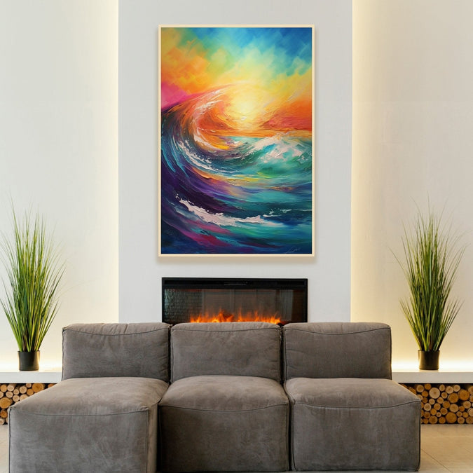 abstract painting of vibrant colourful of sunset and big wave in front Room 2