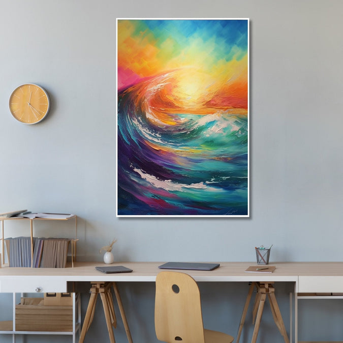 abstract painting of vibrant colourful of sunset and big wave in front Room 3