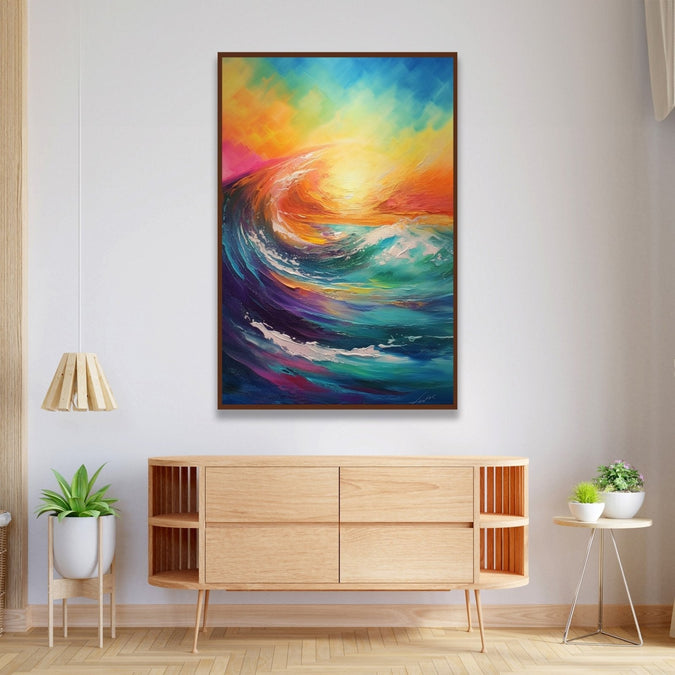 abstract painting of vibrant colourful of sunset and big wave in front Room 4