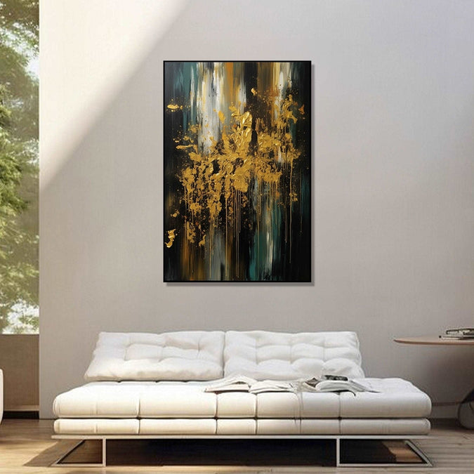 bursts of golden color against a backdrop of contrasting earthy monochromes : Bed room Painting