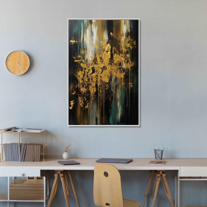 bursts of golden color against a backdrop of contrasting earthy monochromes : Dining room Painting