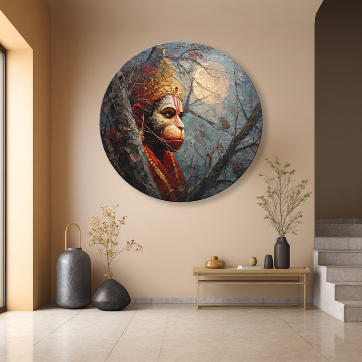 Hanuman Ji Round Wall Art | Spiritual Textured Abstract Painting