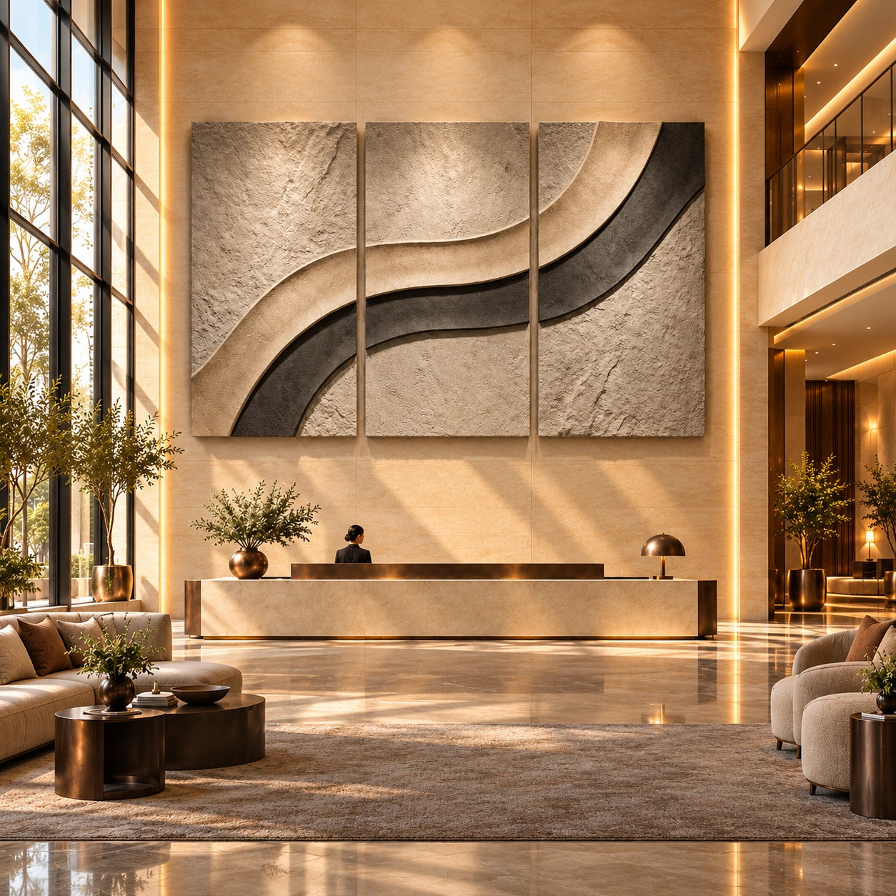 Craftico abstract triptych in a lobby design mockup
