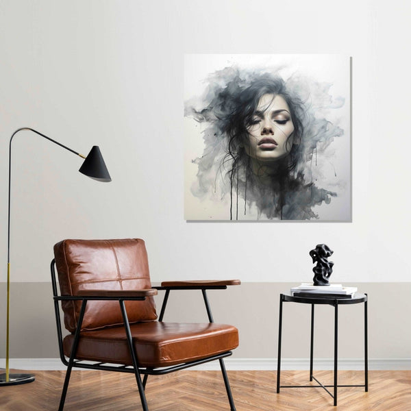 front face of a girl in black dress, black hair, closed eyes, black watery background and white space