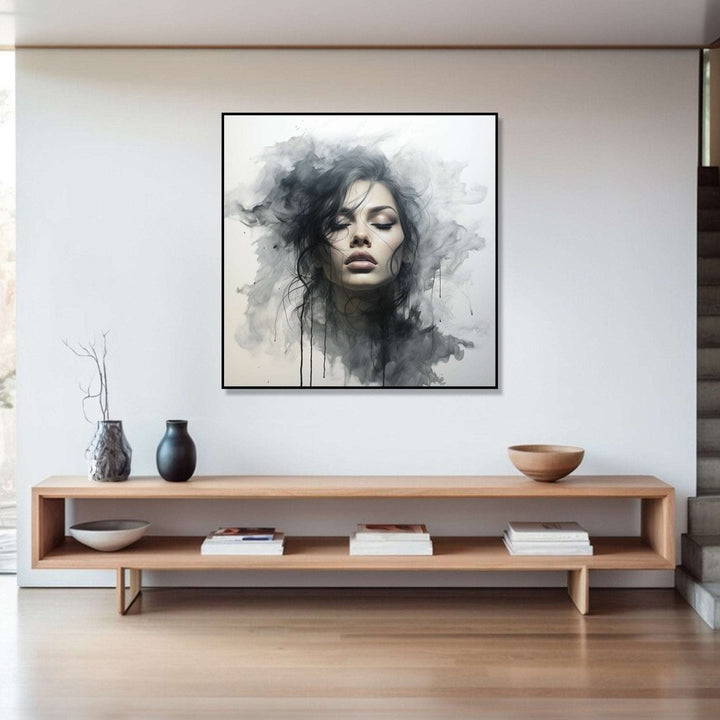 front face of a girl in black dress, black hair, closed eyes, black watery background and white space : Bed room Painting