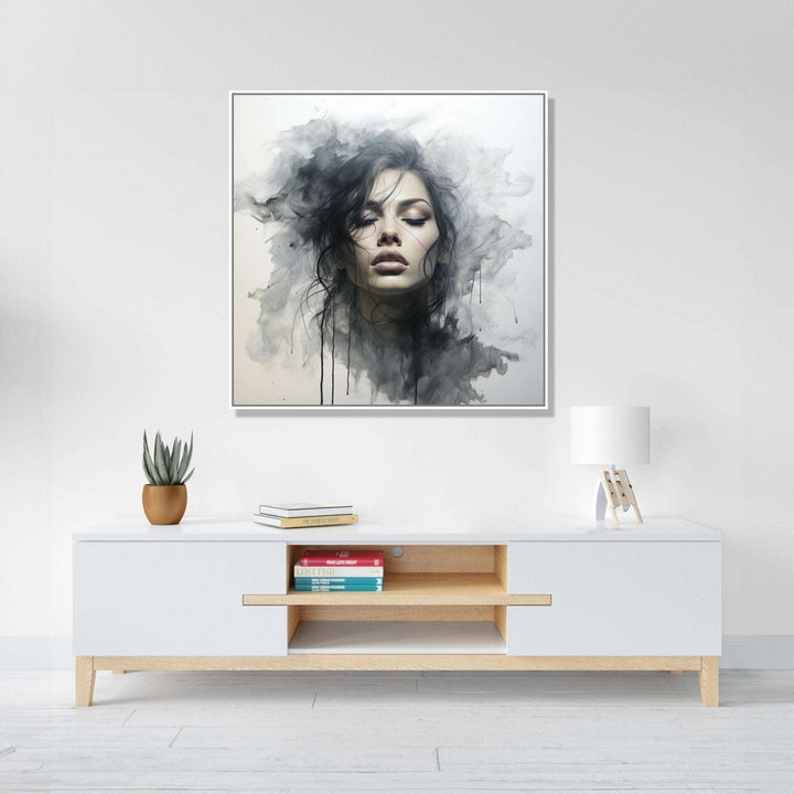 front face of a girl in black dress, black hair, closed eyes, black watery background and white space : Dining room Painting