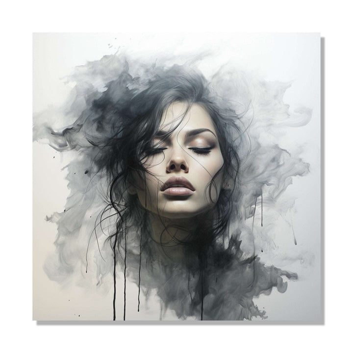 front face of a girl in black dress, black hair, closed eyes, black watery background and white space : Living room Painting