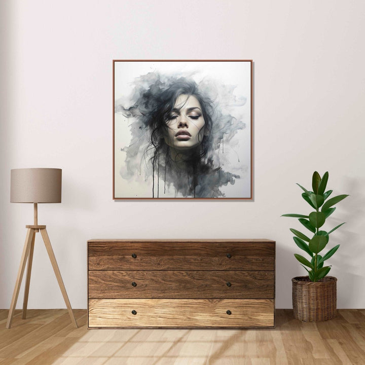 front face of a girl in black dress, black hair, closed eyes, black watery background and white space : Living room Paintings