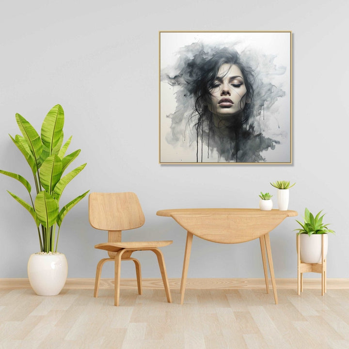 front face of a girl in black dress, black hair, closed eyes, black watery background and white space : Personal room Paintings