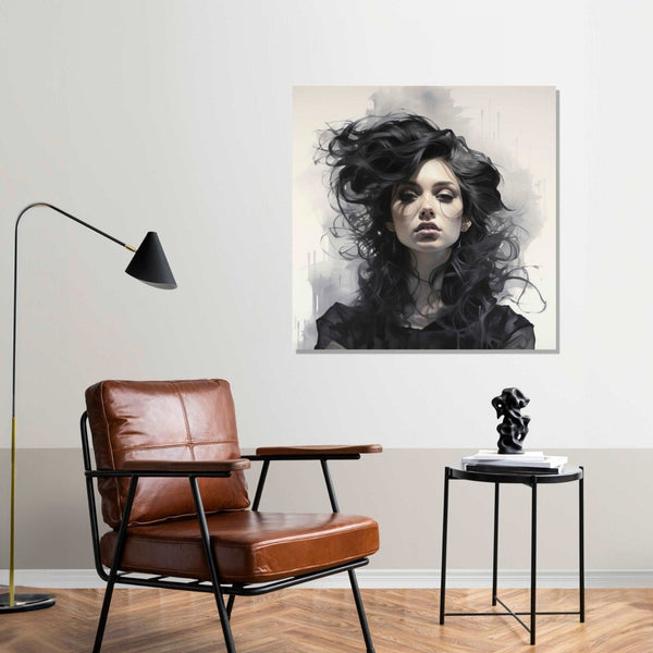 front face of a girl in black dress, black hair, sad expression, semi open eyes