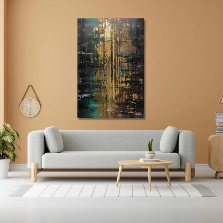 golden splashes dances against a canvas dressed in the deep hues of forest green and black