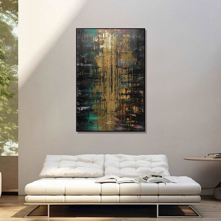 golden splashes dances against a canvas dressed in the deep hues of forest green and black : Bed room Painting
