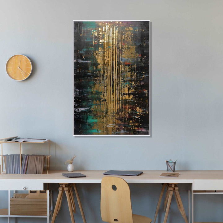 golden splashes dances against a canvas dressed in the deep hues of forest green and black : Dining room Painting