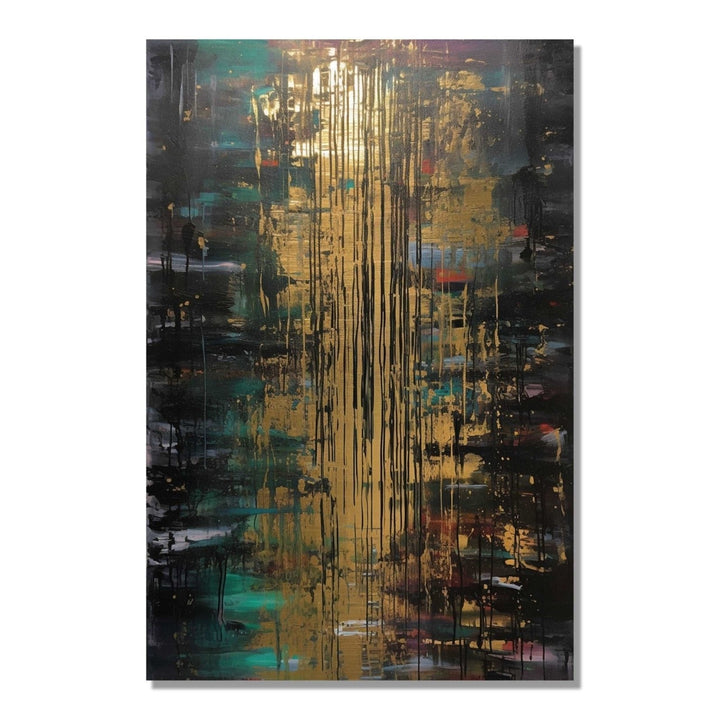 golden splashes dances against a canvas dressed in the deep hues of forest green and black : Living room Painting