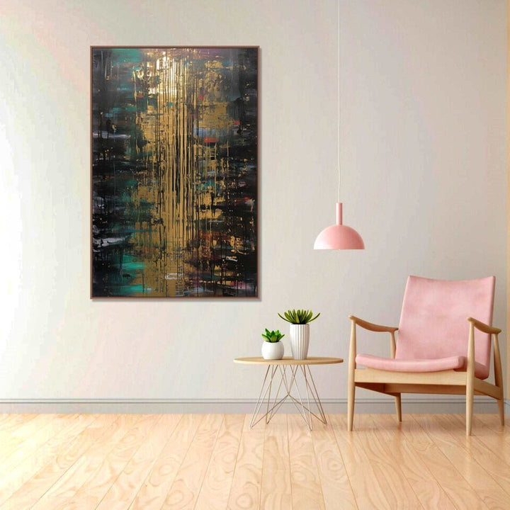 golden splashes dances against a canvas dressed in the deep hues of forest green and black : Living room Paintings