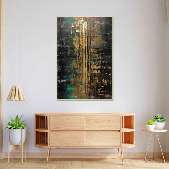 golden splashes dances against a canvas dressed in the deep hues of forest green and black : Personal room Paintings