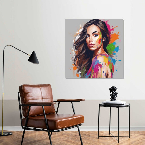 grey background, vibrant colour splash at places of brown haired girl with blue eyes