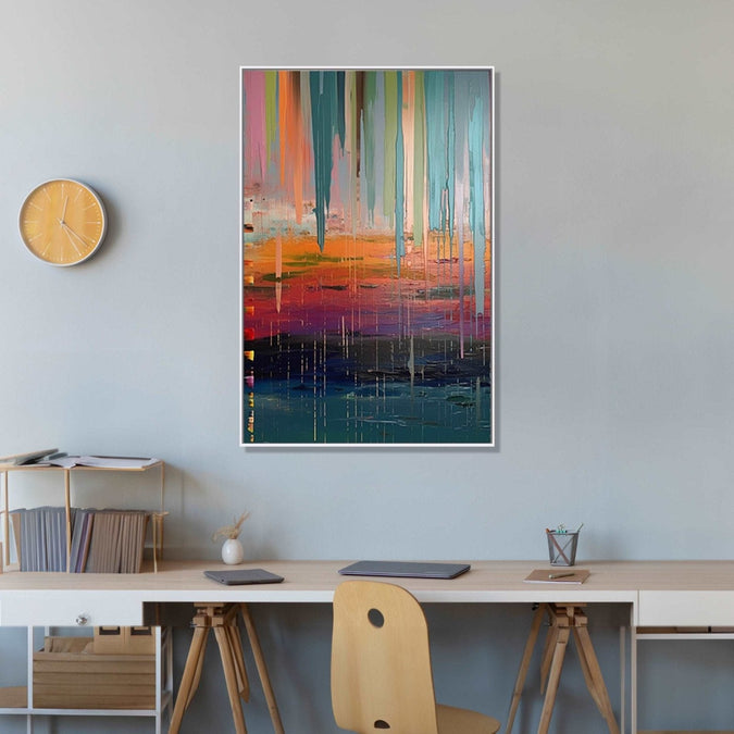 rhythmic flow of blue against the tranquil grey and invigorating orange : Dining room Painting