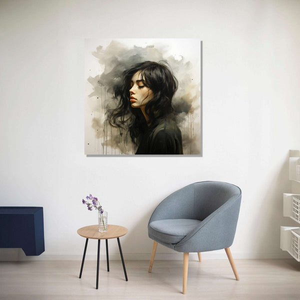 side face of a girl, eyes closed, sad expression, flowy hair in black cloths and black hair, light red lips