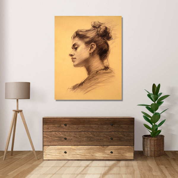 side sketch of a woman with tilted head, hair tied up in a bun, beige background