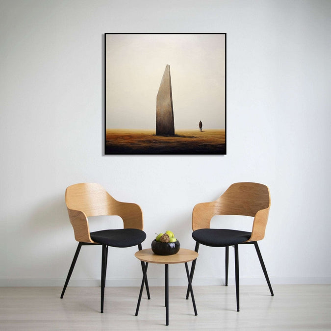 solitary figure stands beside a towering vertical stone henge : Bed room Painting