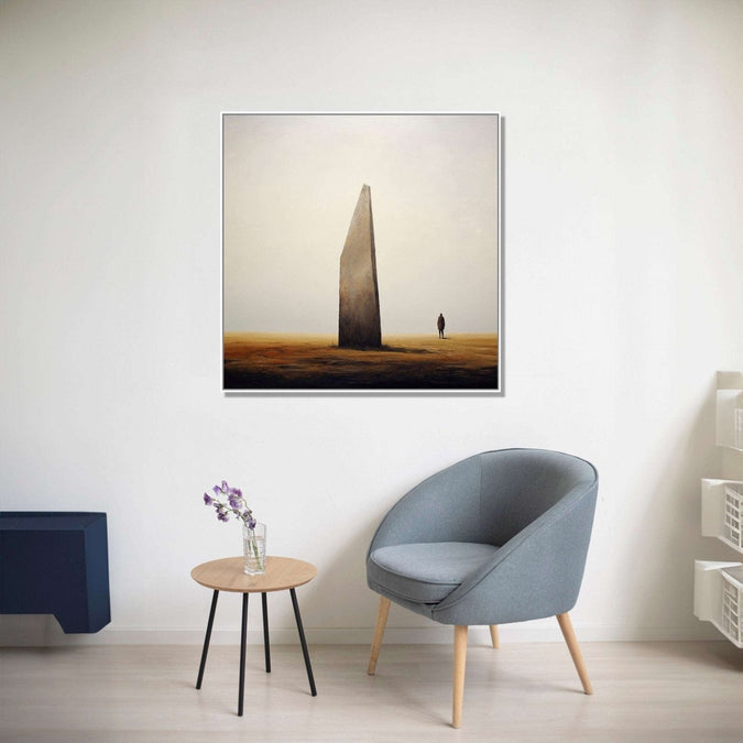 solitary figure stands beside a towering vertical stone henge : Dining room Painting