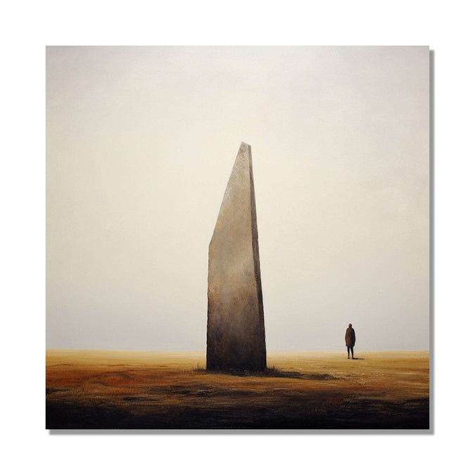 solitary figure stands beside a towering vertical stone henge : Living room Painting