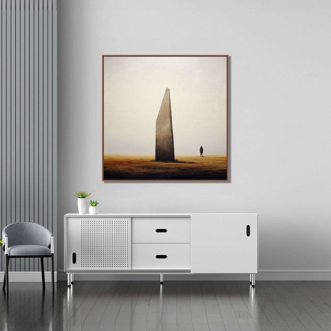 solitary figure stands beside a towering vertical stone henge : Living room Paintings