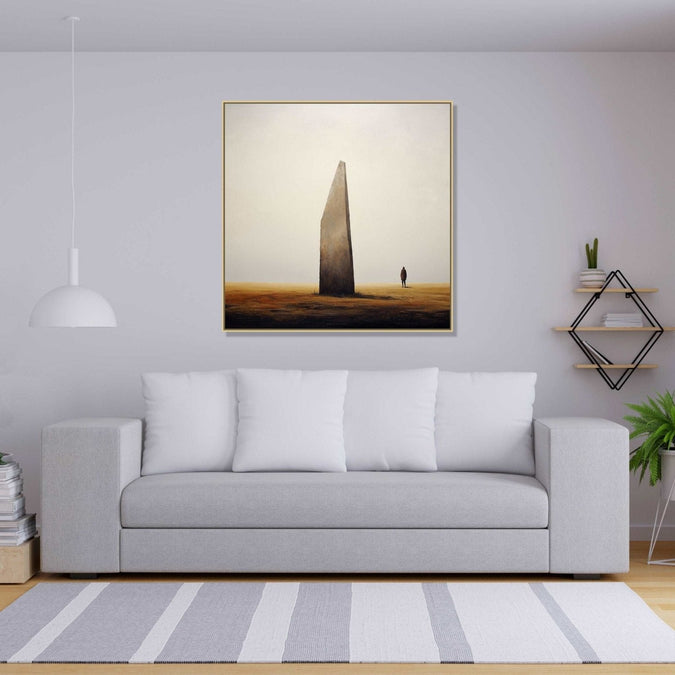 solitary figure stands beside a towering vertical stone henge : Personal room Paintings